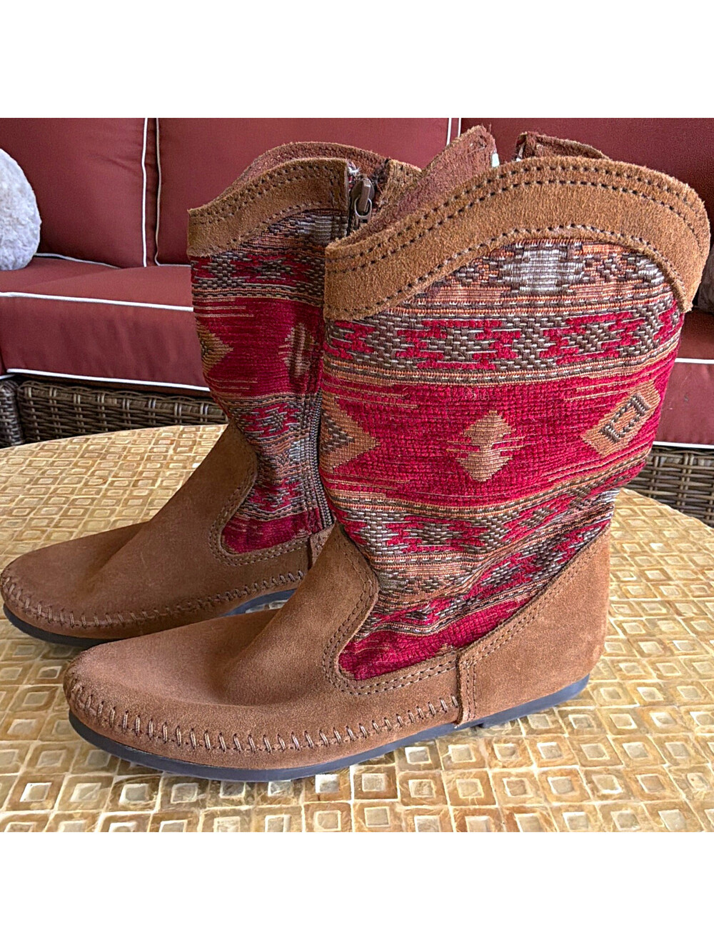 Minnetonka 1573 Womens Brown Suede Southwestern Woven Zip Tassel Boots US 8